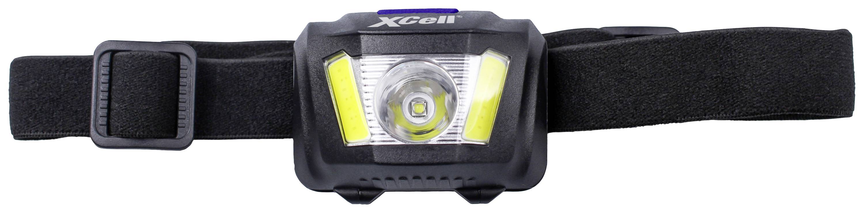 Zwarte hoofdlamp met verstelbare riem en centraal LED-licht, omgeven door twee gele lichten, op witte achtergrond.