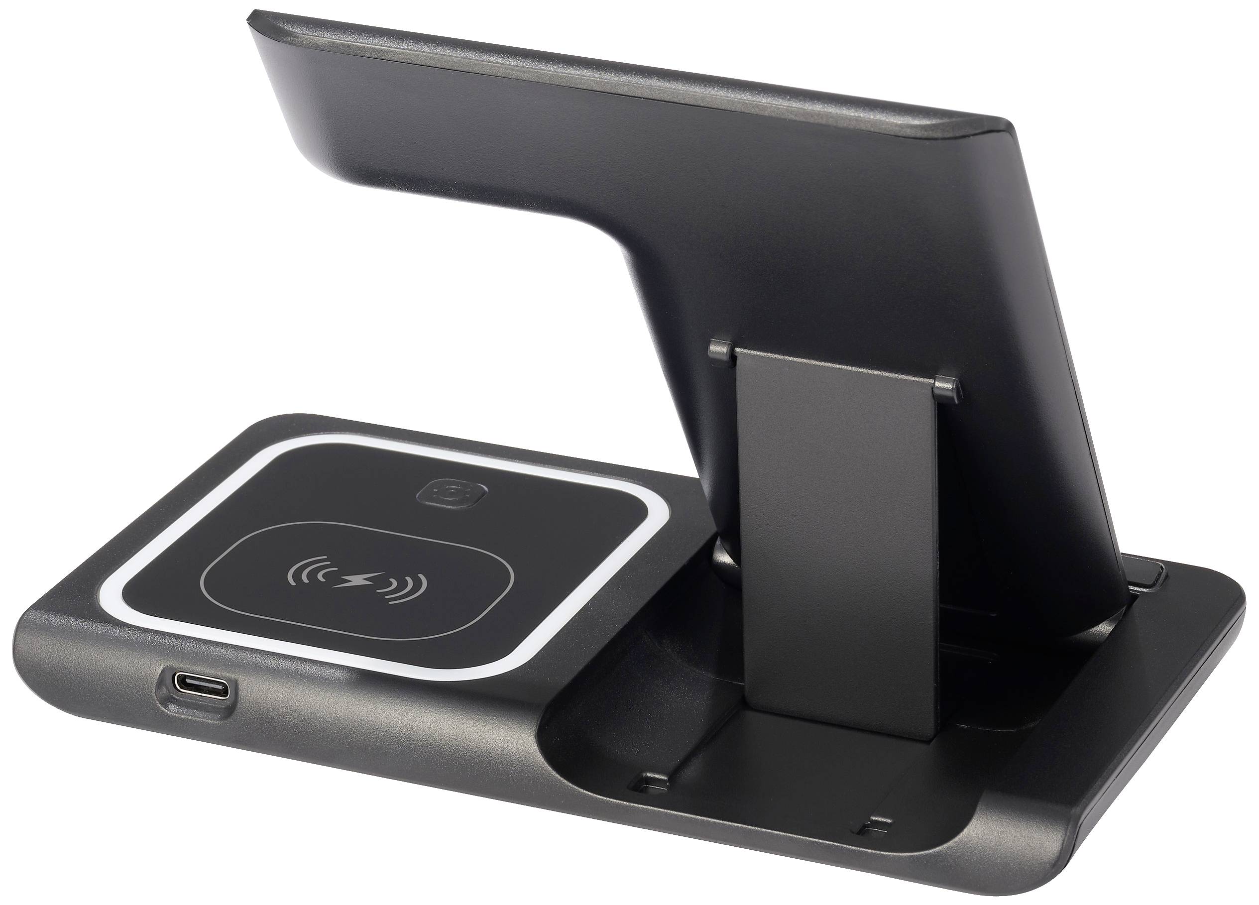 Draadloze oplaadstation met rechtopstaande telefoonhouder, zwarte behuizing en wit laadoppervlak. USB-C-aansluiting aan de zijkant.