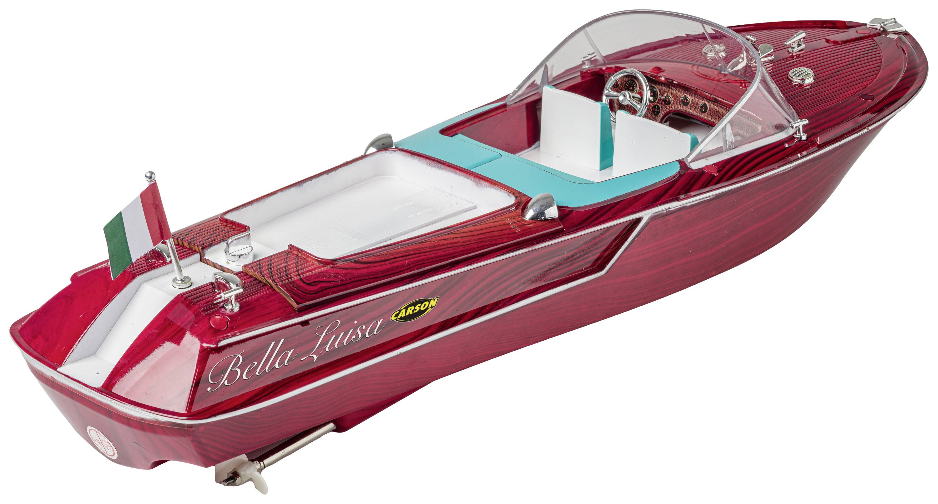 Een modellboot met een rood houten design en een witte binnenkant. De Italiaanse vlag wappert aan de achtersteven. De inscriptie 'Bella Luisa' is zichtbaar.