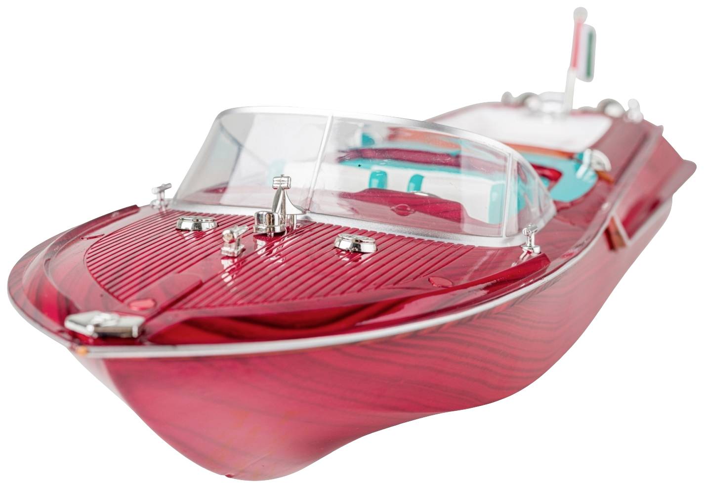 De afbeelding toont een stijlvol rood modelschip met een glanzende oppervlakte en heldere ramen, dat doet denken aan een klassieke motorbootstijl.