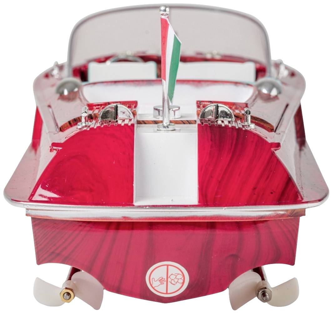 Rood modelschip van achteren, met Italiaanse vlag aan de achtersteven. Duidelijk zichtbare schroeven en stoomschip-achtige structuur.