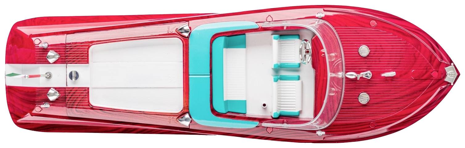 Rode speelgoedauto in retro-design, bovenaanzicht. Wit-turquoise stoelen zijn zichtbaar. De auto heeft een klassieke look.