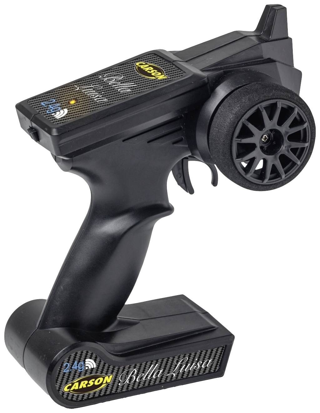 Zwarte afstandsbediening voor modelvoertuigen met stuurhendel en wiel, merkopdruk 'Carson' en radiofrequentie-aanduiding 2,4 GHz.