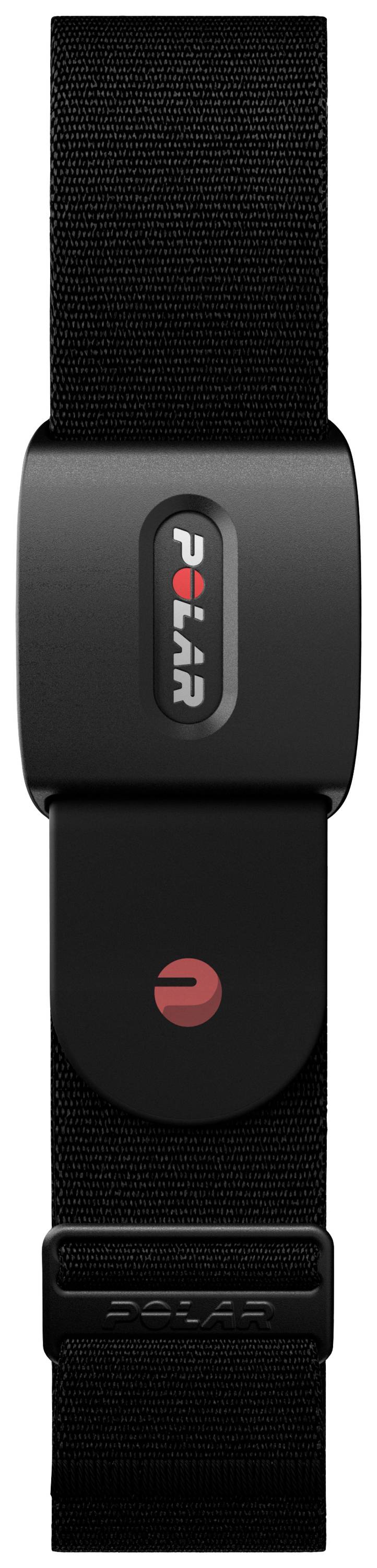 Zwarte hartslagmeter op een elastische band, met 'Polar'-logo aan de voorkant. Wordt gebruikt voor het meten van de hartslag tijdens het sporten.