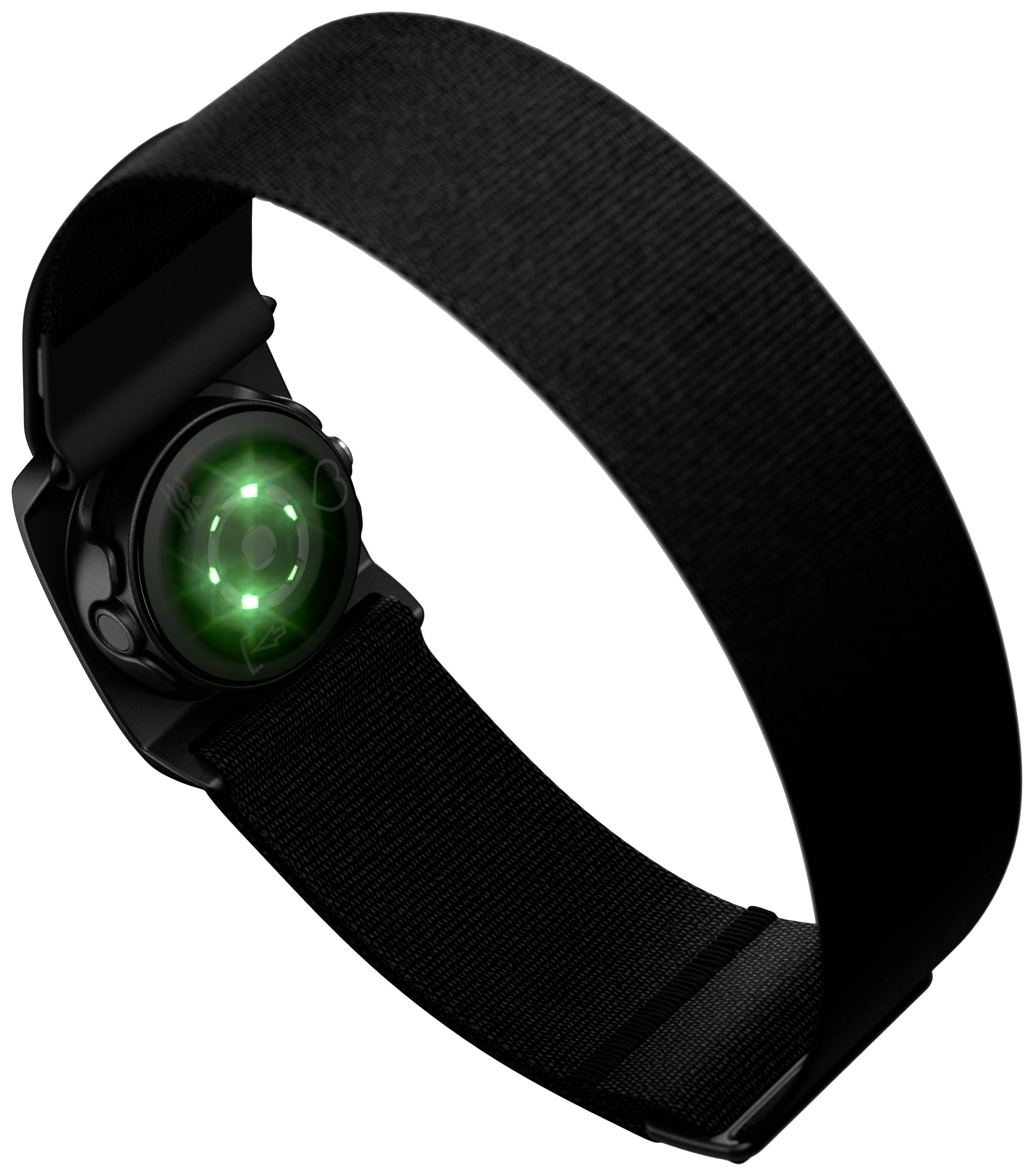 Een zwarte smartwatch toont groene sensorlichten aan de onderkant, vermoedelijk voor hartfrequentiemeting.