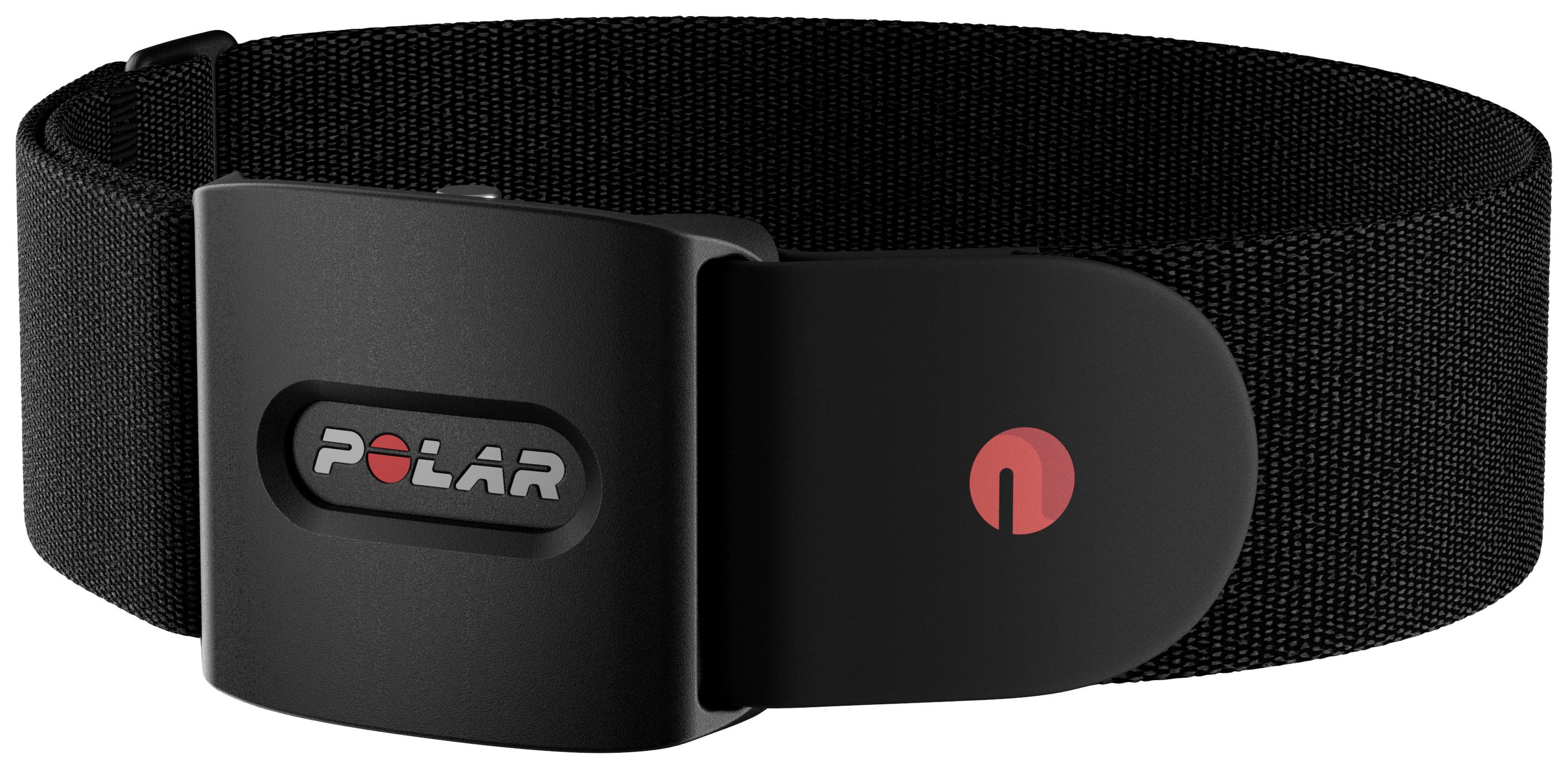 Zwarte hartslagmeter van Polar met een rood logo op de voorkant. Draagriem voor fitnessmonitoring.