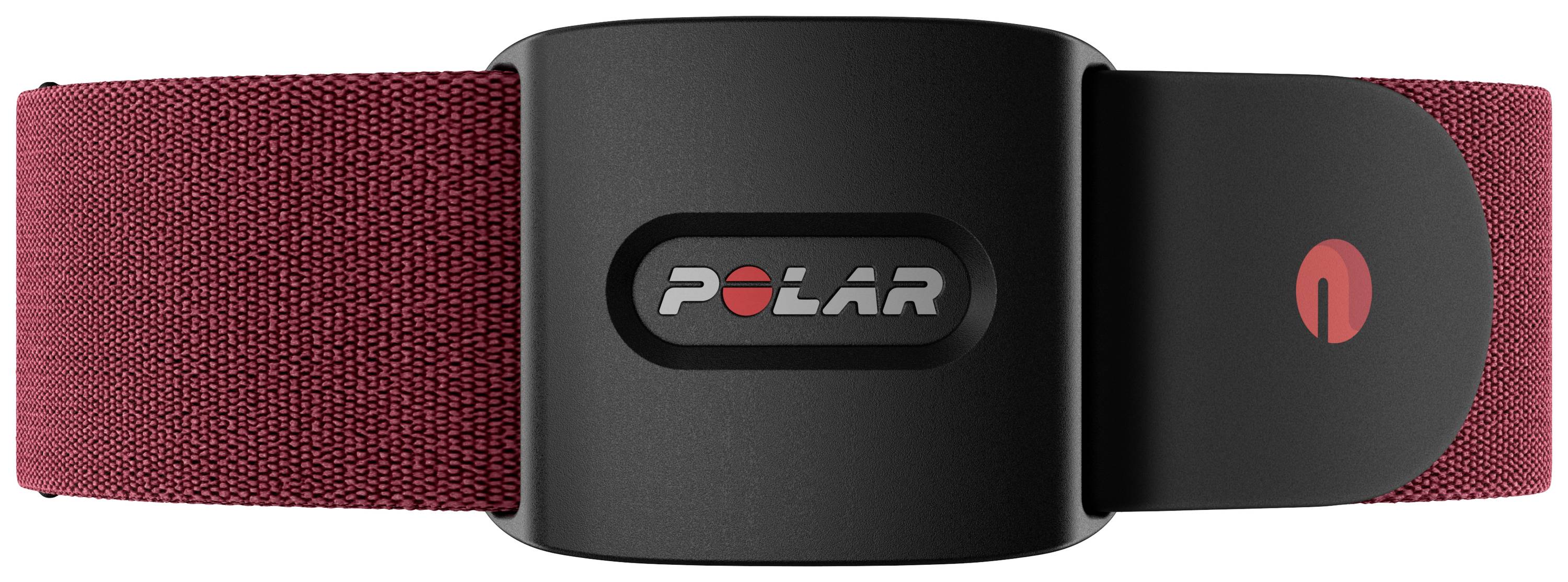 Rode hartslagmeter van Polar met zwarte sensor in het midden, geschikt voor sportieve activiteiten om de hartslag te monitoren.
