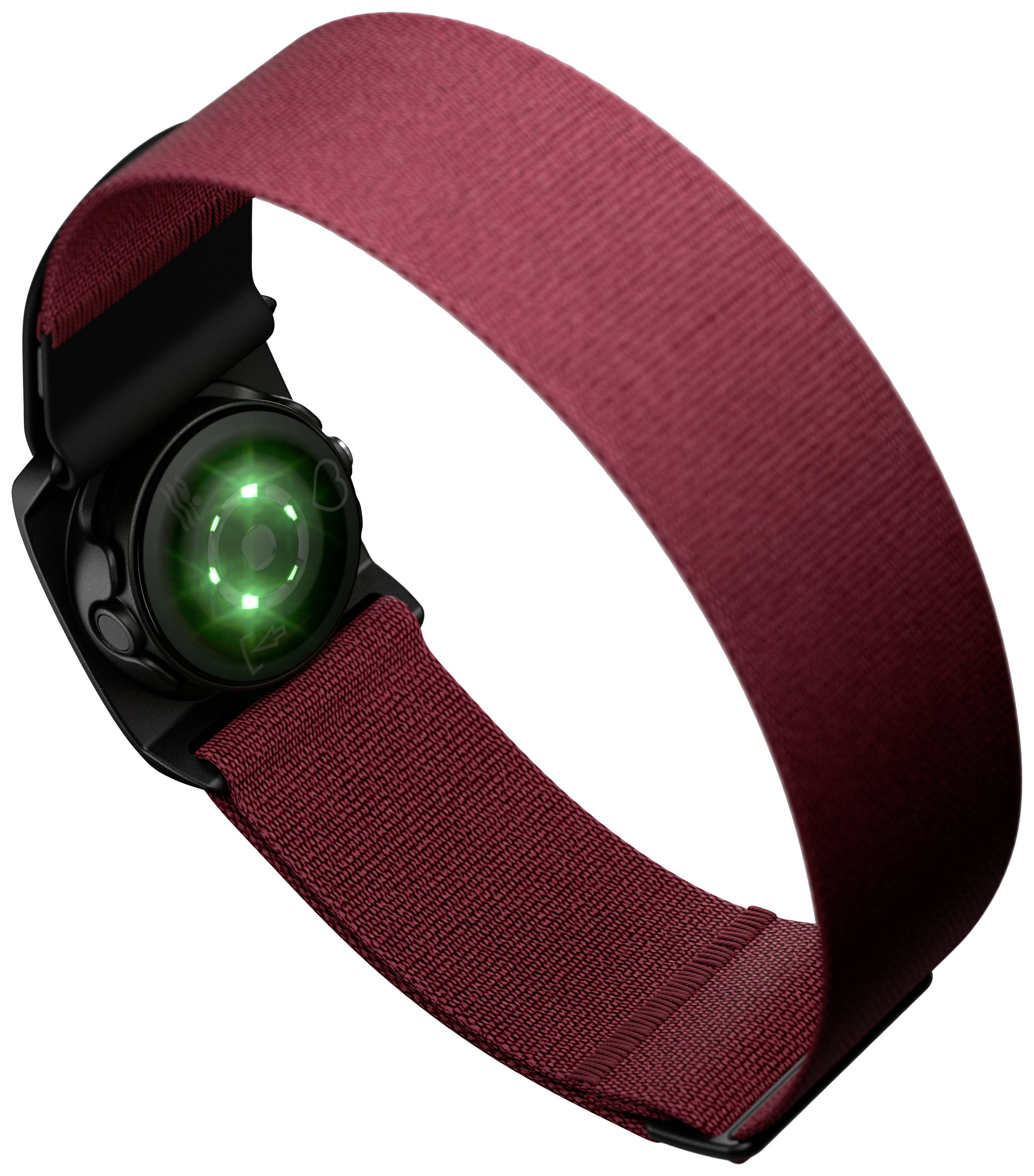 Een smartwatch met een rood bandje en een groen licht aan de achterkant, vermoedelijk voor het meten van gezondheidsgegevens.