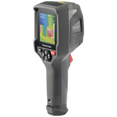 Een draagbare warmtebeeldcamera met display dat temperatuurmetingen weergeeft. Gebruiksvriendelijke knoppen aan de voorzijde.