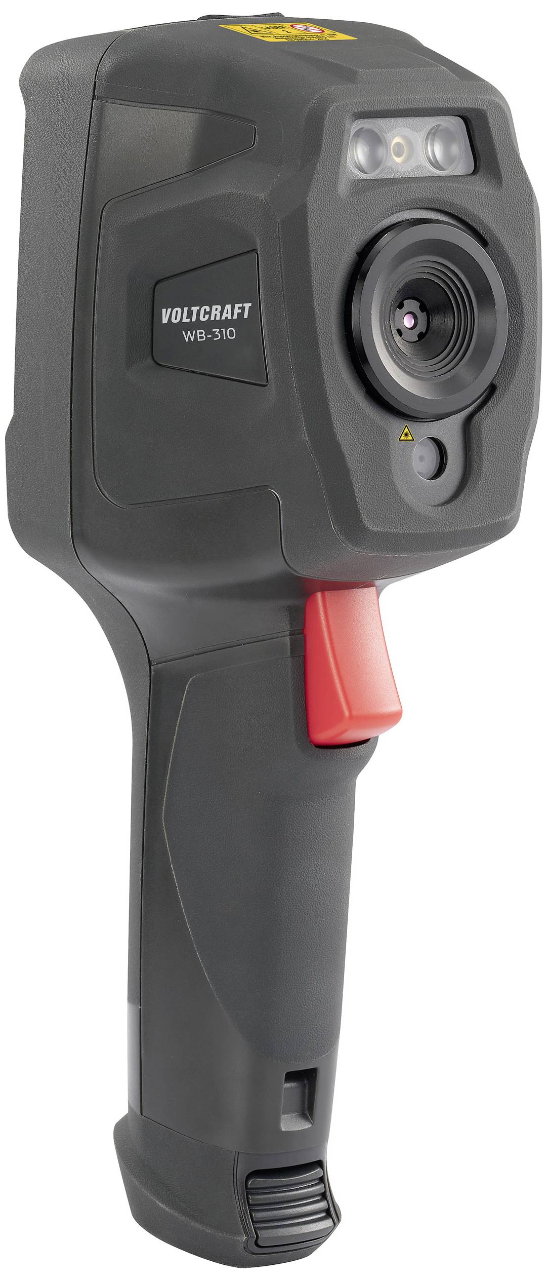 Draagbare warmtebeeldcamera met rode ontspanner, groot objectief, display en merkaanduiding 'Voltcraft WB-310'. Ideaal voor temperatuuranalyses.