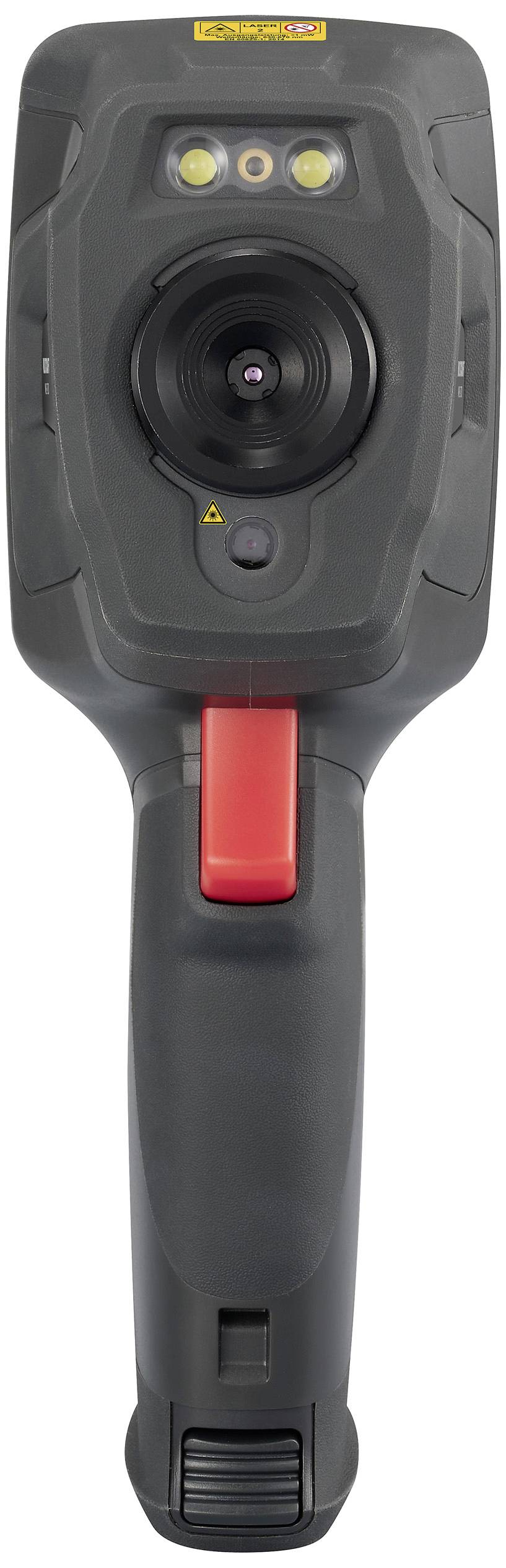 Draagbare thermometer met display, camera en bedieningstoets. Gebruikt voor temperatuurmeting en visuele analyse van warmtebronnen.