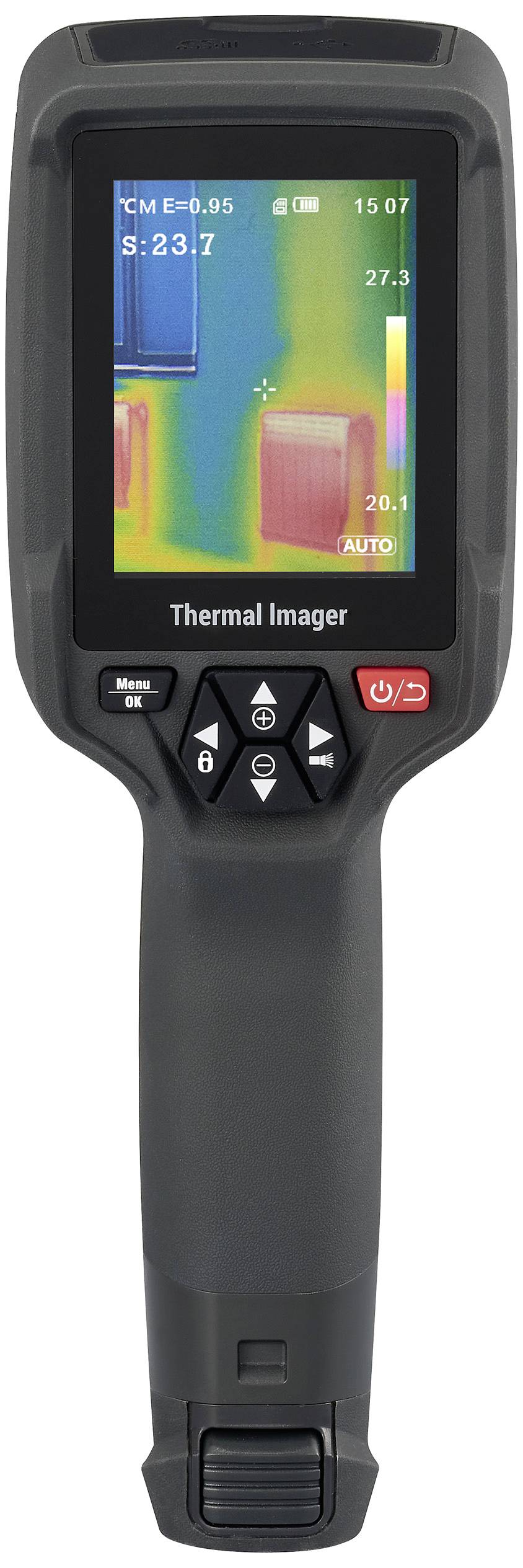 Handmatige warmtebeeldcamera met display, toont temperatuurverschillen in kleurschakeringen. Voornamelijk blauw en rood zichtbaar.