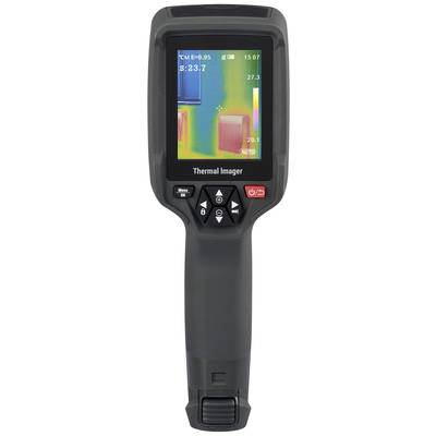 Handmatige warmtebeeldcamera met display, toont temperatuurverschillen in kleurschakeringen. Voornamelijk blauw en rood zichtbaar.