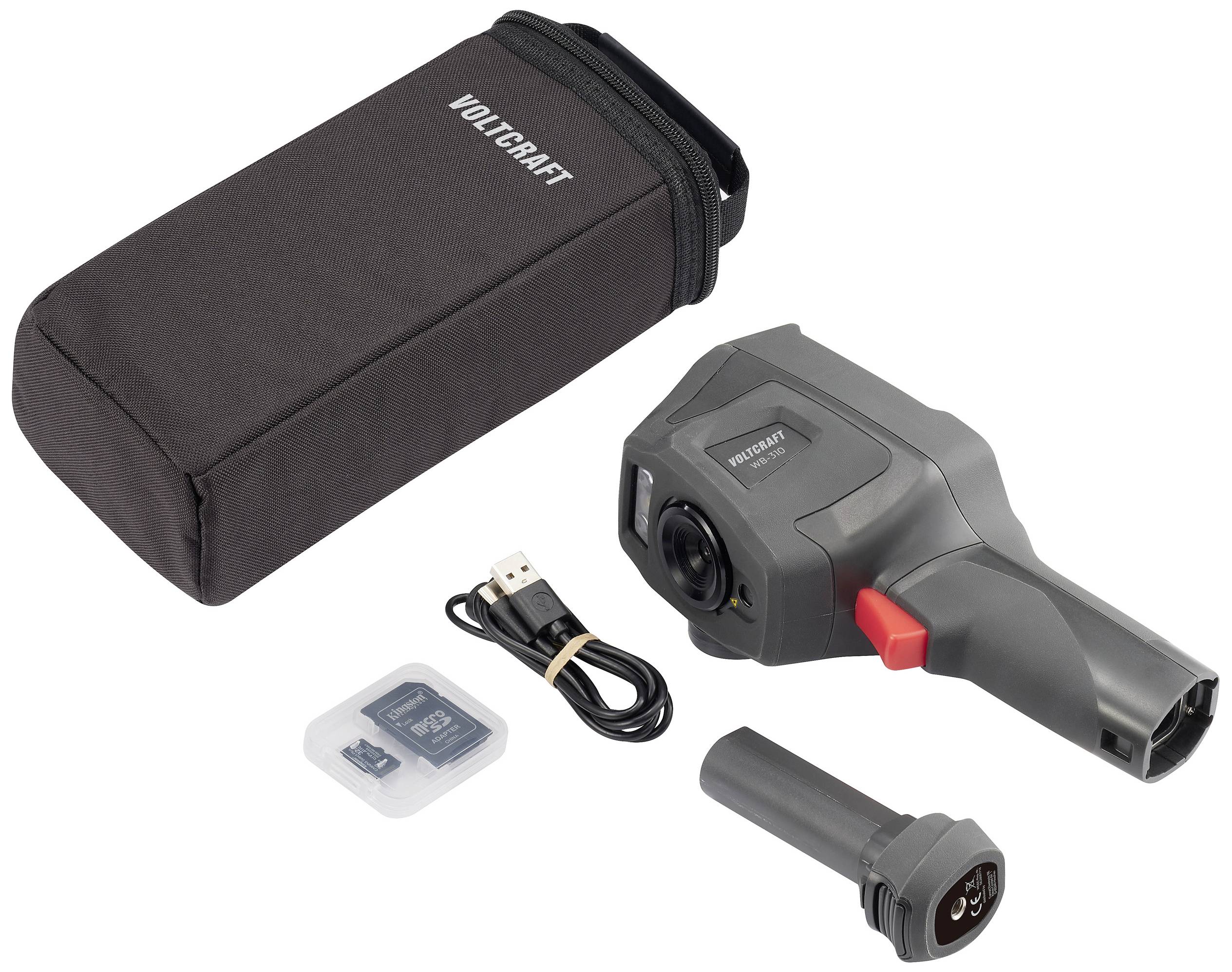 Draagbare warmtebeeldcamera met opbergtas, USB-kabel, SD-kaart en oplader. Ideaal voor temperatuurmetingen.