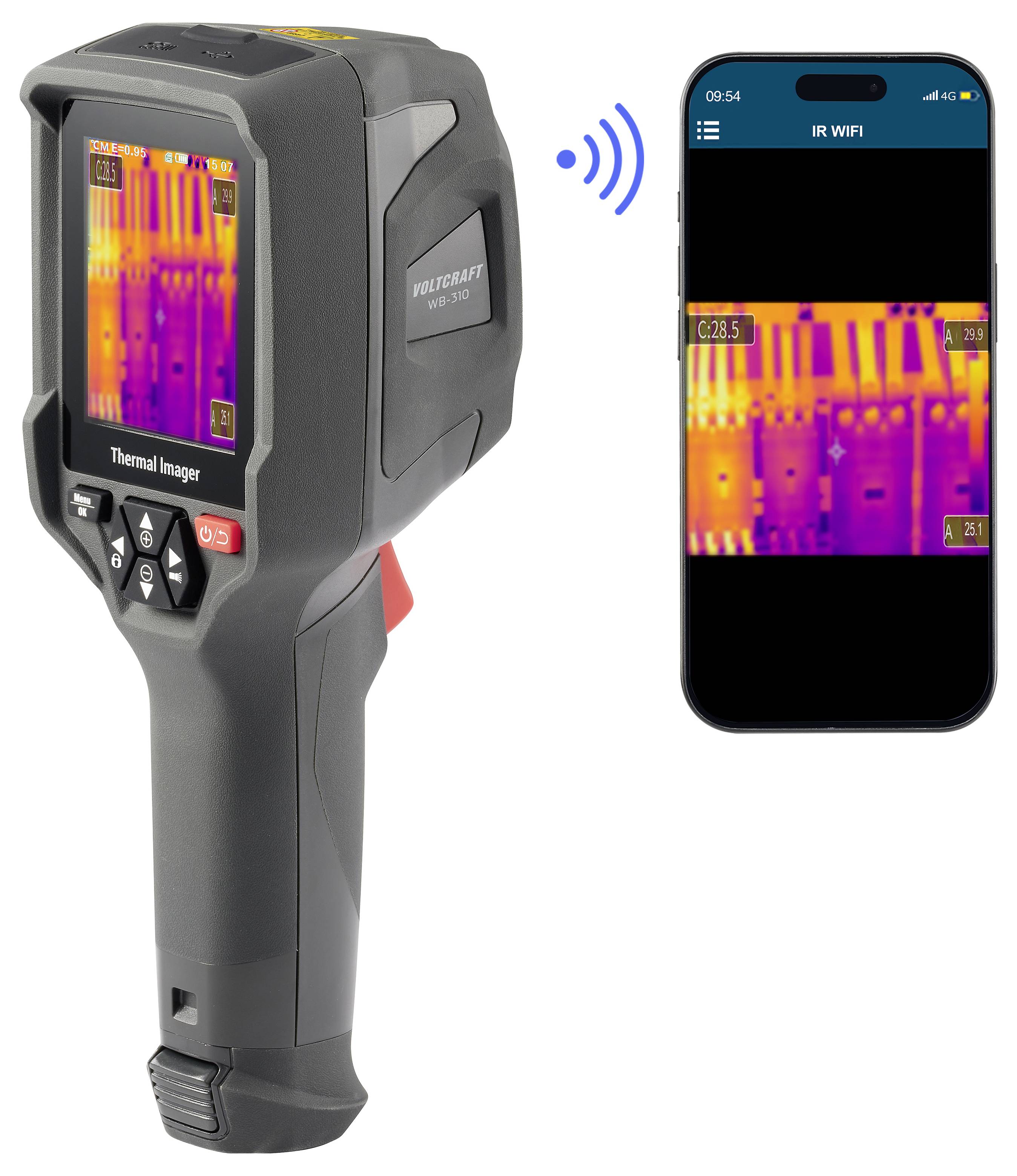 Thermische beeldvormingscamera met een smartphone-app die dezelfde thermische kaart draadloos via Wi-Fi weergeeft.