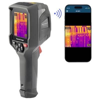 Thermische beeldvormingscamera met een smartphone-app die dezelfde thermische kaart draadloos via Wi-Fi weergeeft.