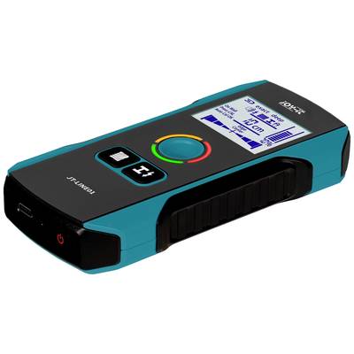 Een blauw-zwarte digitale detector met een display toont de staafdiagramweergave van stroomkabels en metalen objecten.