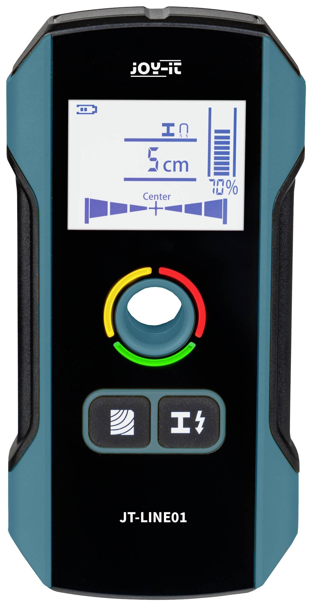 Elektronische detector met digitaal display toont '5 cm'. Toetsen voor verschillende functies en LED-indicatie in rood en groen.