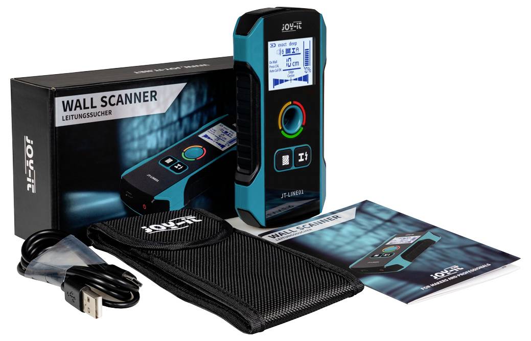 Een blauw-zwarte wandscanner met digitaal display, bijbehorende verpakking, handleiding, etui en USB-kabel. Apparaat toont meetgegevens.