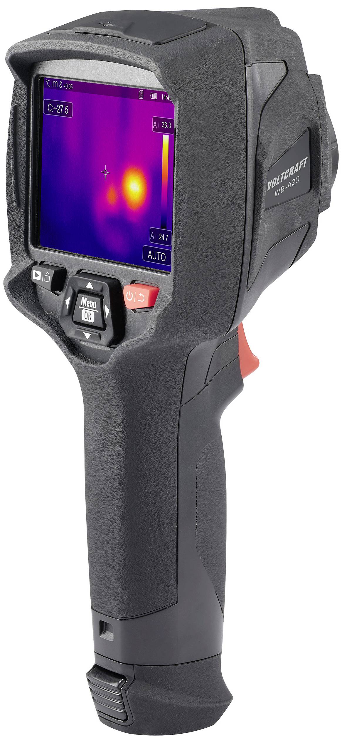 Een zwarte infrarood warmtebeeldcamera toont temperatuurverschillen op haar display. Ze wordt gebruikt voor het identificeren van warmtebronnen.