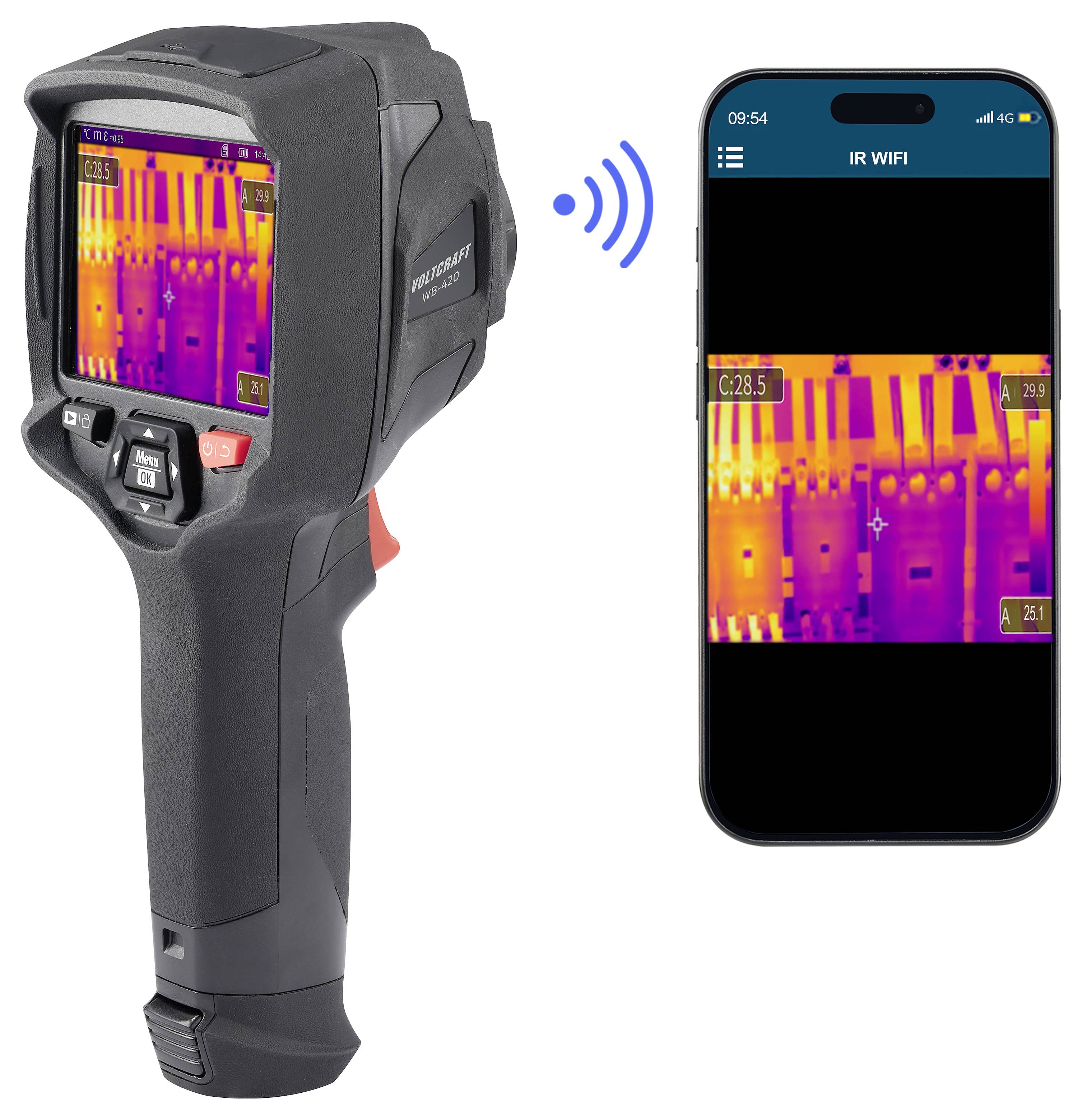 Thermische camera die draadloos een warmteafbeelding naar een smartphone-app genaamd 'IR WIFI' verzendt.