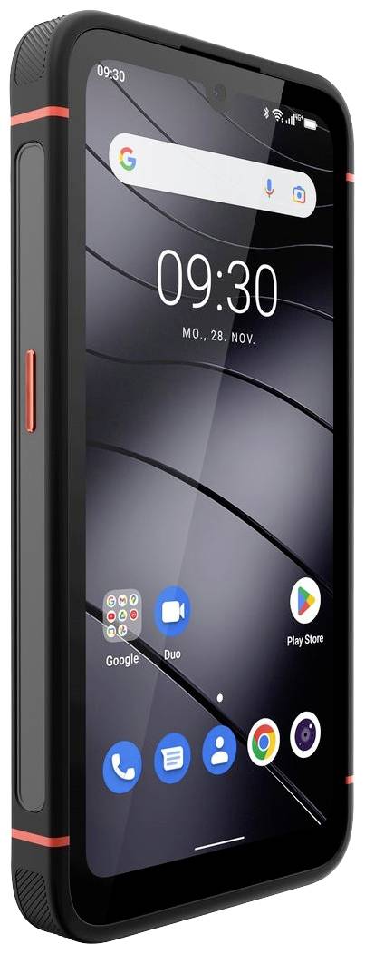 Smartphone met robuuste behuizing, datum en tijd '09:30, Ma., 28 nov.' op het scherm. Apps zoals Google, Duo en Play Store zichtbaar.