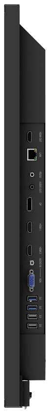 Zijaanzicht van een zwarte monitor met meerdere aansluitingsmogelijkheden: HDMI, USB, DisplayPort en audio-aansluitingen.