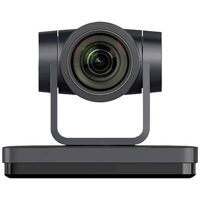 Een zwarte webcam met een groot objectief, gemonteerd op een rechthoekige voet. Ideaal voor videovergaderingen en streaming.