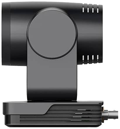 Zijaanzicht van een zwarte, cilindrische camera met een ronde lens en ventilatieopeningen op de behuizing.