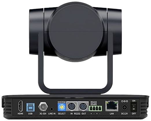 Achterzijde van een videoconferentiecamera met meerdere aansluitingen, waaronder HDMI, USB en LAN. Toont aansluitingsmogelijkheden voor verschillende apparaten.