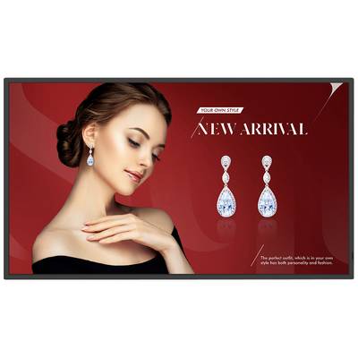 Vrouw met oorbellen op rode achtergrond. Tekst: 'Nieuwe Collectie'. Reclame voor een nieuwe sieradenstijl. Elegantie en mode benadrukt.