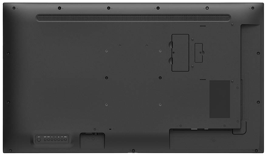 Achterkant van een zwarte flatscreen met aansluitingen en montageinterfaces.