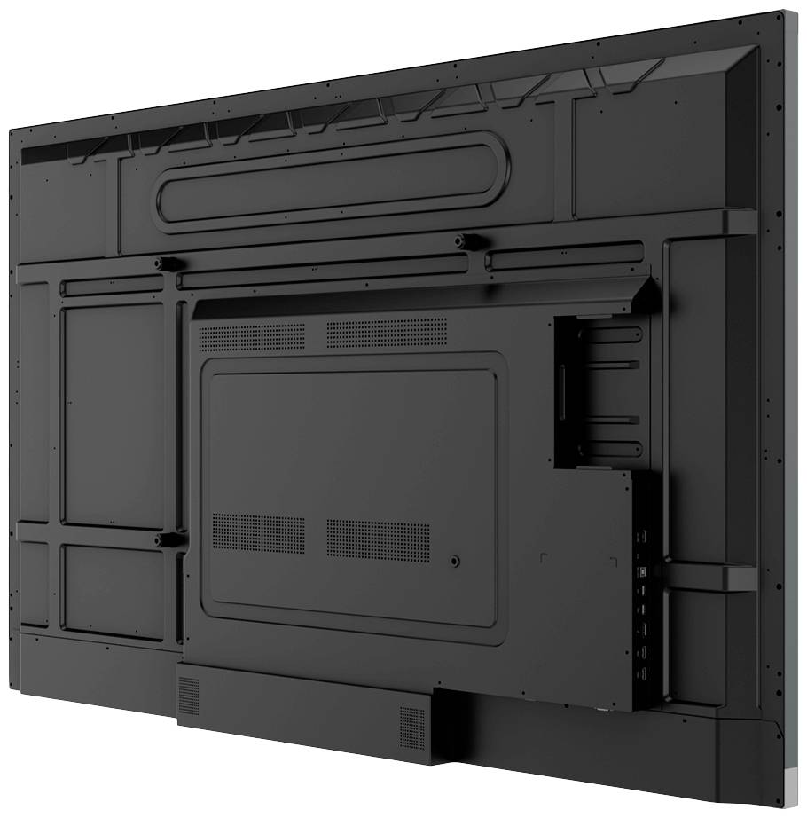 Achterkant van een grote zwarte flatscreen-televisie met zichtbare ventilatiesleuven, bevestigingsbeugels en aansluitingsbehuizing voor kabels.