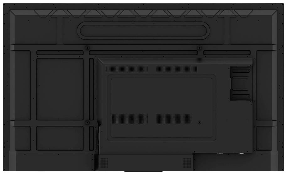 Achteraanzicht van een grote zwarte flatscreen-tv; toont elektronische aansluitingen en ventilatieopeningen.