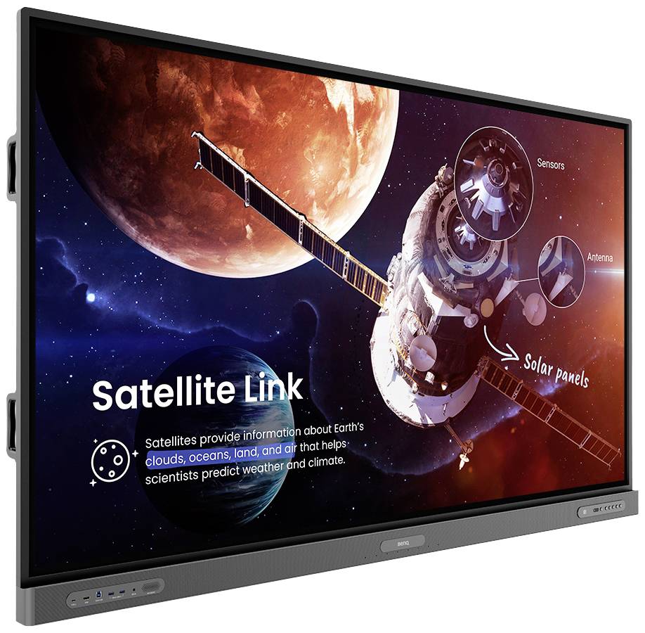 Een satelliet in de ruimte met labels 'Sensoren', 'Antenne', 'Zonnepanelen'. Hij verzamelt gegevens over de aarde voor weer- en klimaatvoorspellingen.