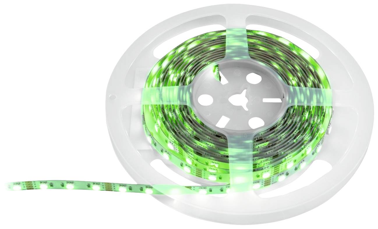 Een spoel met groene LED-lichtstrips. De strips zijn strak opgerold en schijnen helder.