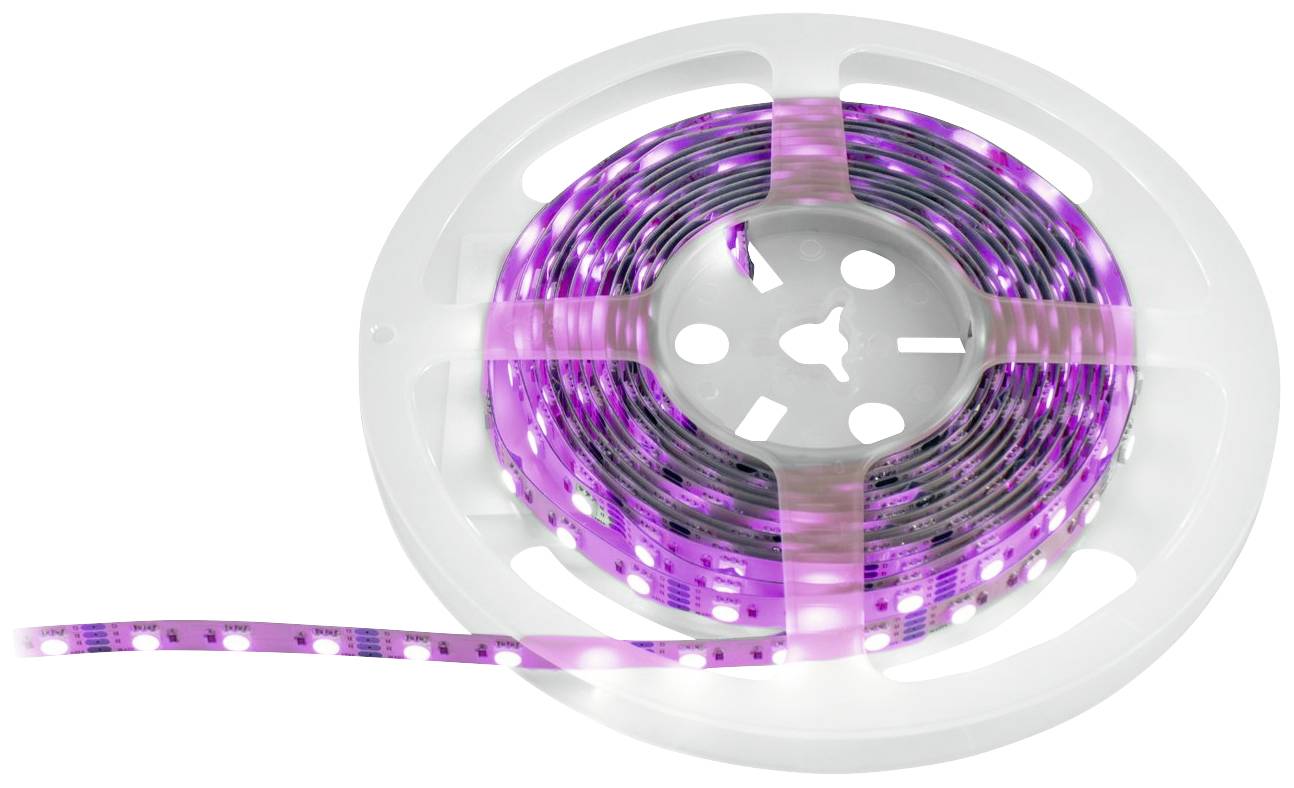 Een rol met paarse LED-lichtstrip ligt op een drager van wit kunststof, waarbij het uiteinde van de strip uitsteekt.