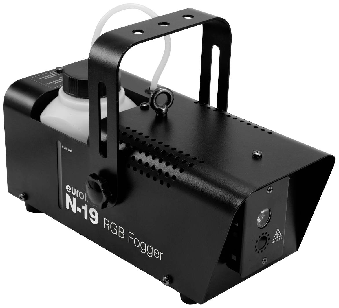 Rookmachine 'eurolite N-19 RGB Rookgenerator' met zwarte metalen behuizing, handgreep en geïntegreerde vloeistoftank.