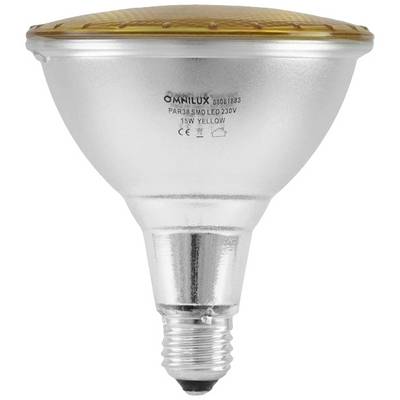 Een PAR38 LED-lamp met E27-fitting. Lichtspecificatie: 230V, 15W, warmgeel licht. Geschikt voor accentverlichting.