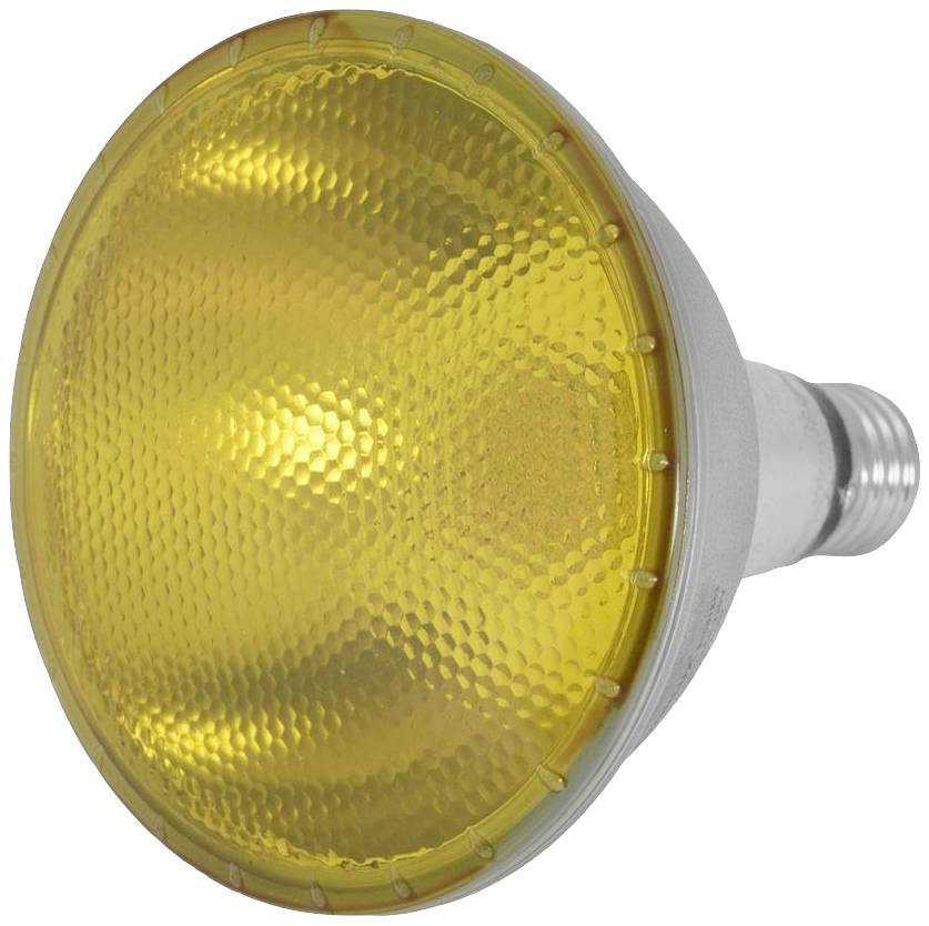 Een gele gloeilamp in close-up, geschikt voor binnen- en buitenverlichting, toont duidelijk zijn gestructureerde oppervlak.