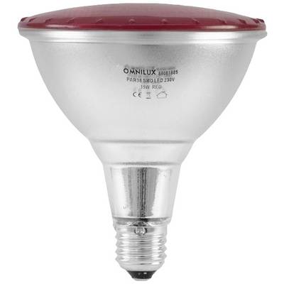 Een rode LED-lamp van het type PAR38 van Omnilux, 15W, 230V, geschikt voor speciale verlichtingstoepassingen.