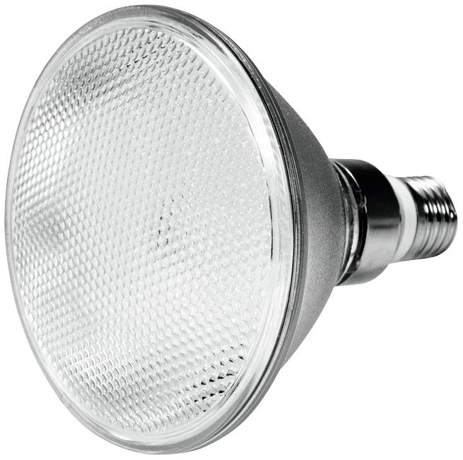 Een zilverkleurige reflectorlamp met zichtbare schroeffitting ligt op zijn zij. Het oppervlak is geprofileerd.