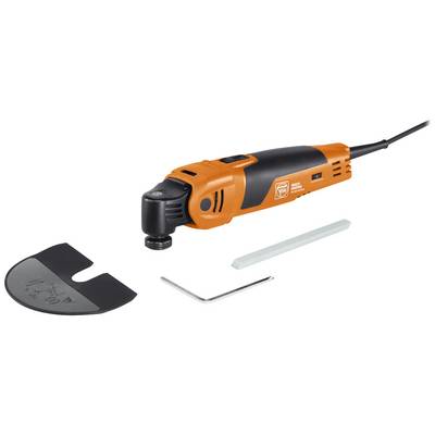 Een elektrisch multifunctioneel gereedschap met toebehoren zoals een mesopzetstuk, een mesafdekking en een inbussleutel.