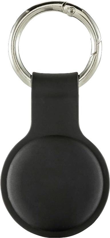 Zwarte sleutelhanger in ronde vorm met een zilverkleurige sleutelring bovenaan. Ideaal om aan sleutels te bevestigen.