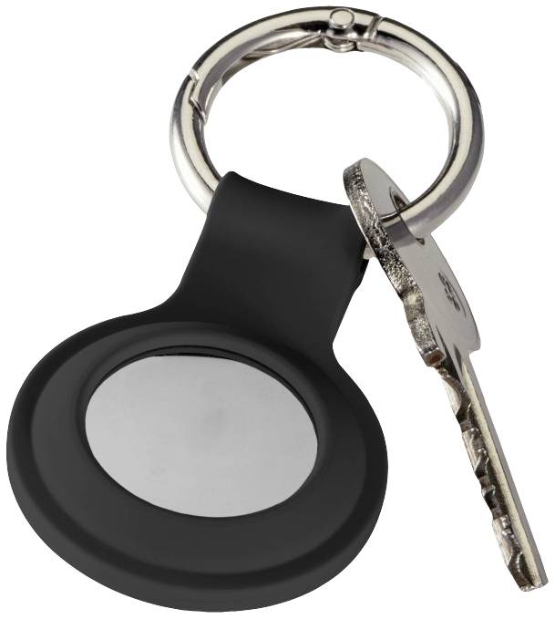 Een sleutelbos met een rond zwart aanhangsel en een zilveren sleutel.