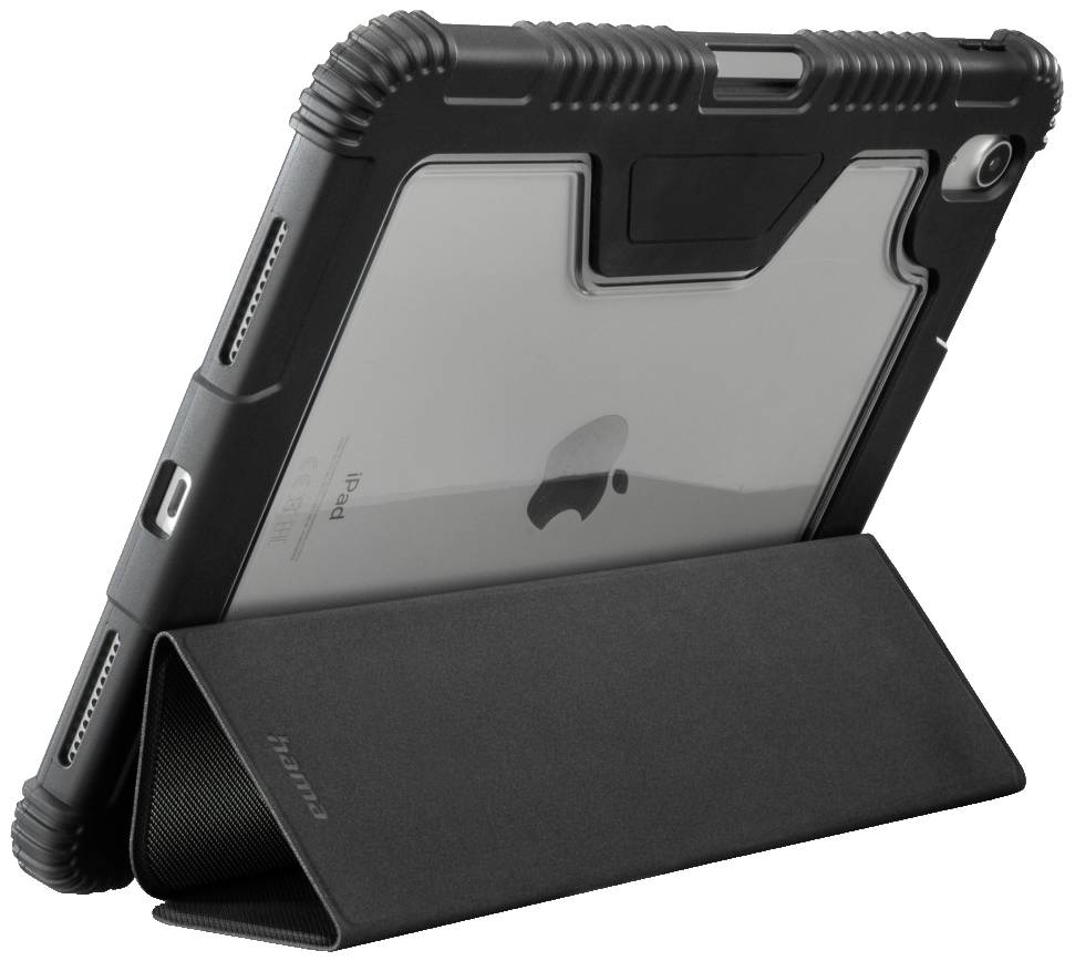 Tablet in een robuuste zwarte beschermhoes met geïntegreerde standaard, gedeeltelijk transparant om het Apple-logo te tonen.