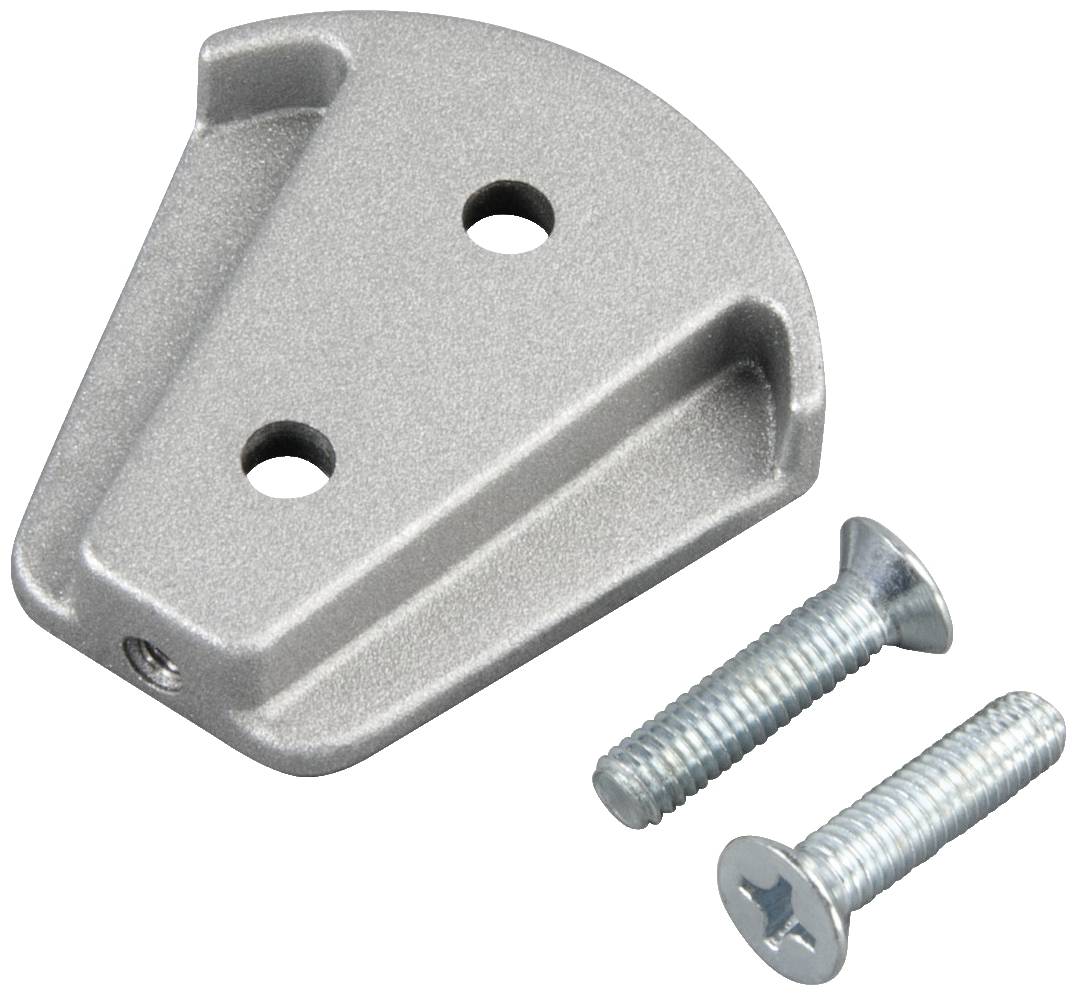 Een zilveren metalen hoekstuk met twee gaten, vergezeld van twee bijpassende schroeven.