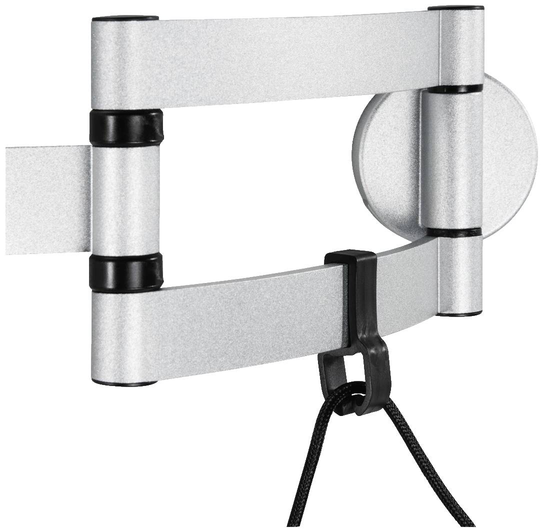 Een zilveren, verstelbare monitorarm, aan de muur bevestigd. Een zwarte kabelgoot houdt kabels georganiseerd.