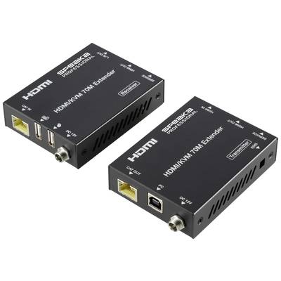 Twee zwarte HDMI-extendertoestellen, aangeduid als "zender" en "ontvanger", worden gebruikt voor het overdragen van HDMI-signalen over grotere afstanden.