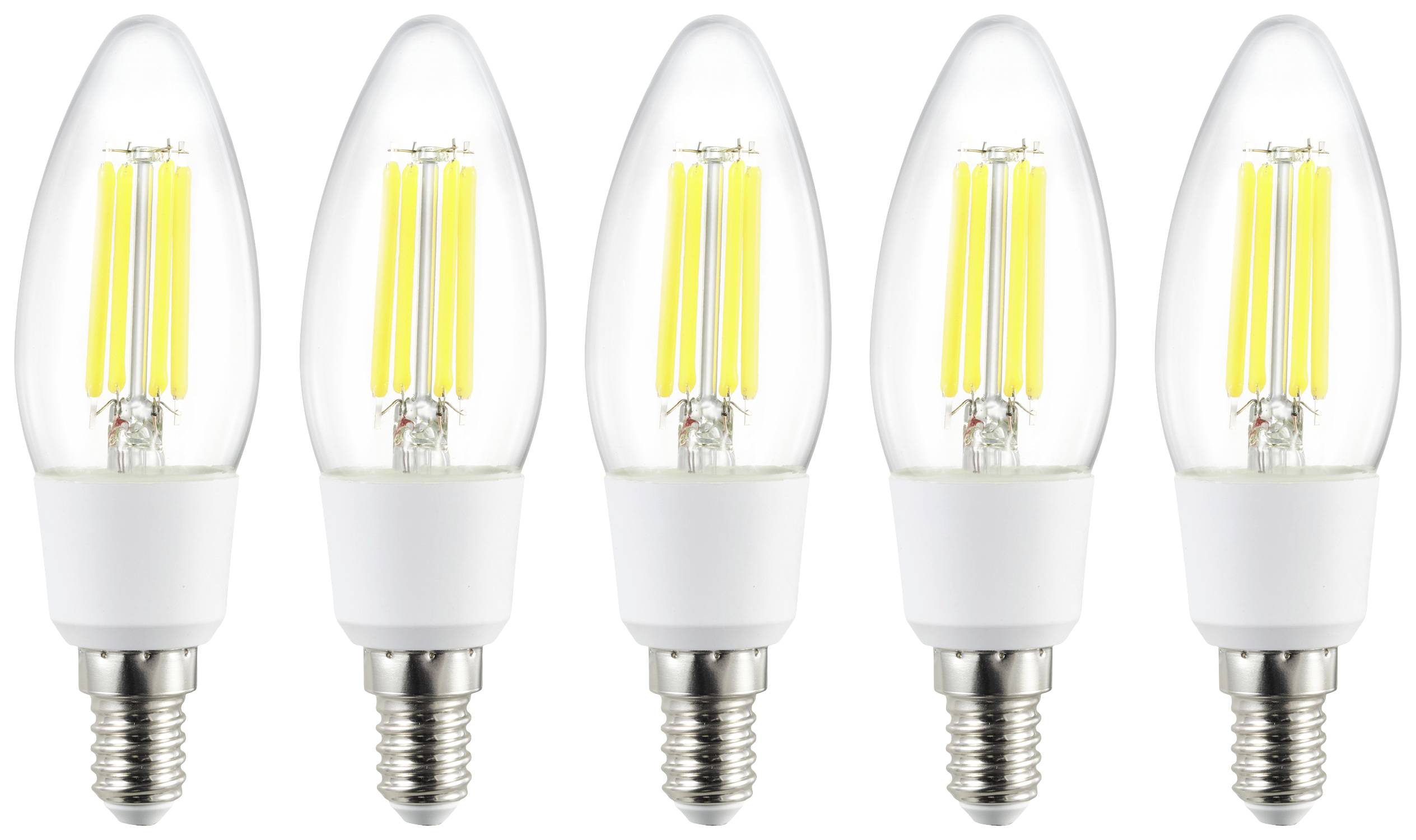 Vijf LED-gloeilampen met zichtbare filamenten staan rechtop naast elkaar. Elke lamp heeft een E14-fitting en een heldere glazen behuizing.